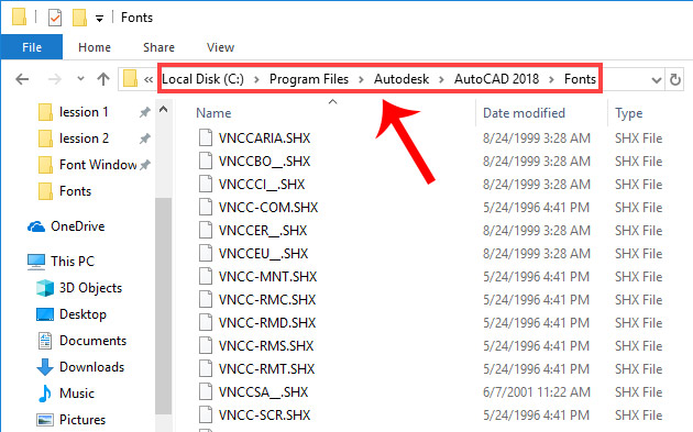 Mở thư mục Fonts của phần mềm thiết kế AutoCAD