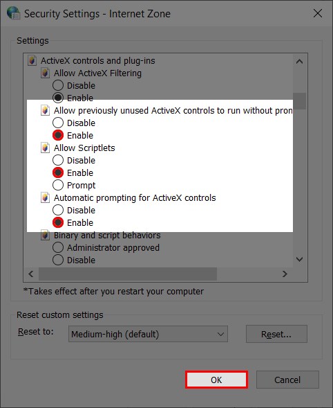 Thiết lập Thiết lập ActiveX controls and plug-ins