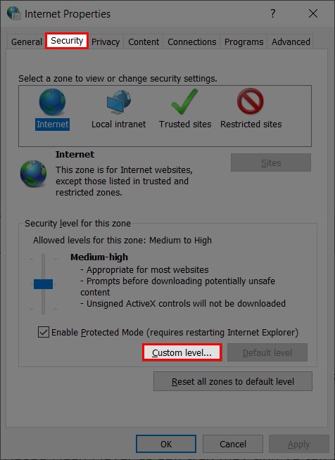 Chọn Custom level trong mục Security Chọn Custom level trong mục Security