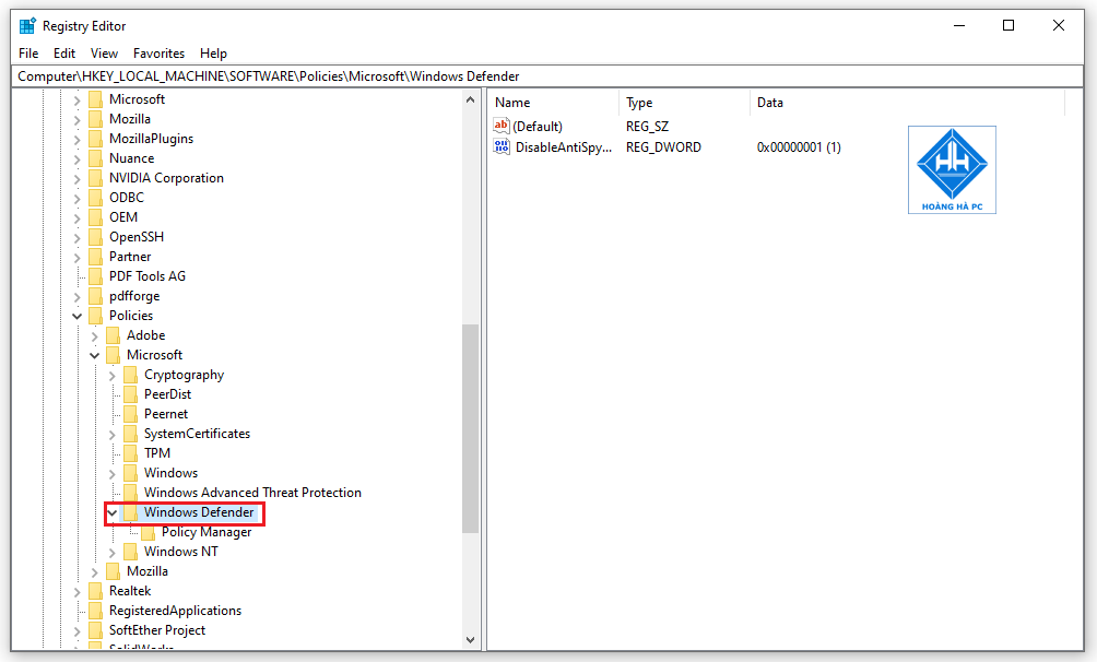Tắt Window Defender trong win 10 bằng Registry Editor