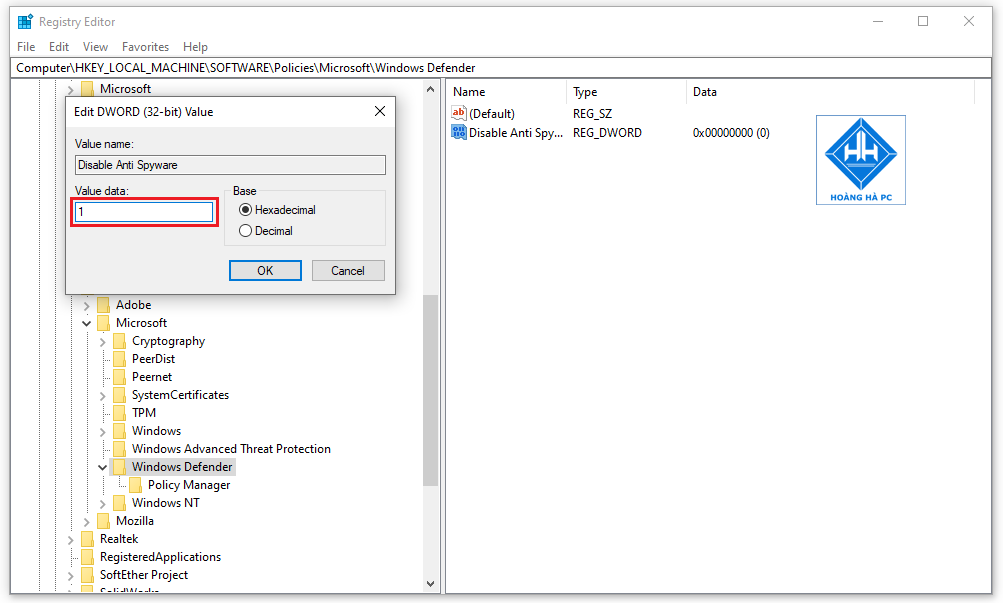Tắt Window Defender trong win 10 bằng Registry Editor